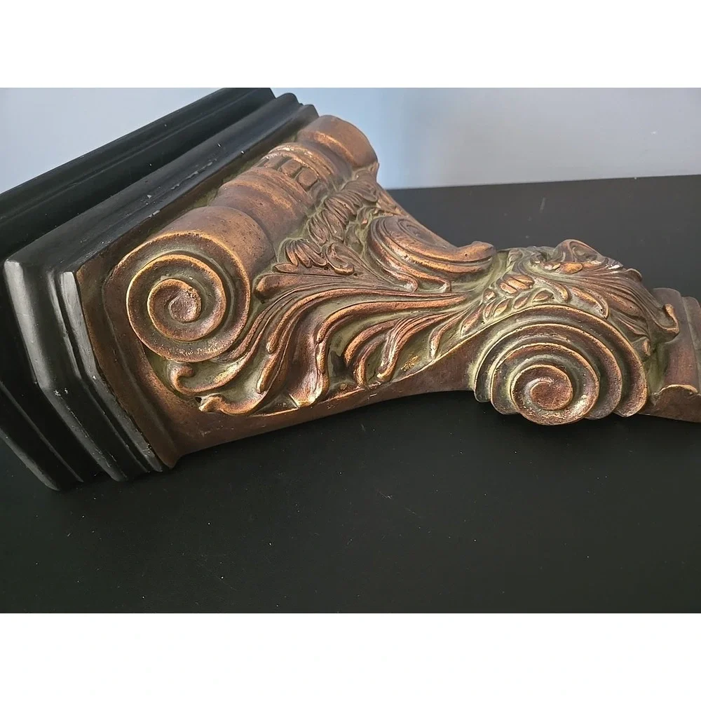 Vintage Wall Shelf Sconce Scrolls Leaves Copper Tone Green Antique Look  11